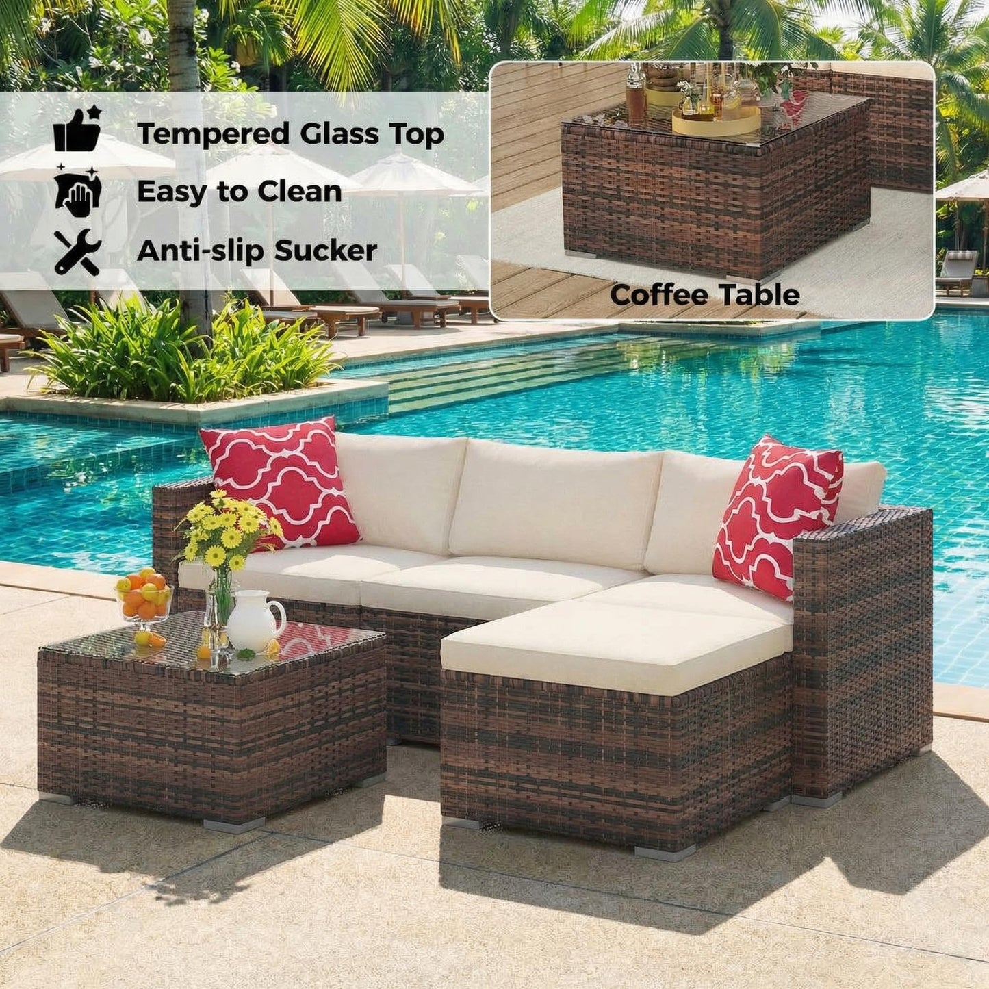 5-Piece Patio Sectional Sofa Set, All-Weather Brown PE Rattan Outdoor Conversation Furniture with Neutral-Tone Cushions, Glass Coffee Table & Footstool, Modular Design for Garden, Porch, Balcony, Pool