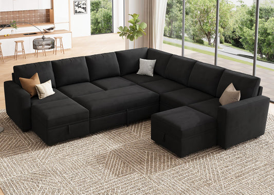 HONBAY Modular Sectional Sleeper Sofa with Pull Out Couch, Oversized U Shaped Sleeper Pull Out Bed with Storage Sectional Couches for Living Room - Black