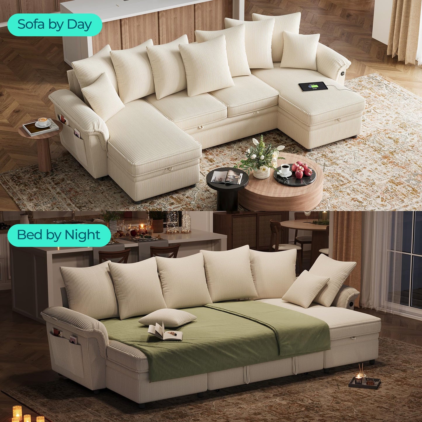 LINSY HOME Oversized Sectional Sleeper Sofa with Pull Out Couch Bed (Beige, 118.5'')