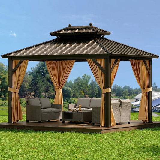 12' x 10' Hardtop Gazebo with Curtains and Netting, Permanent Outdoor Patio Gazebo with Aluminum Frame and Double Polycarbonate Roof for Backyard, Lawn, Deck and Garden