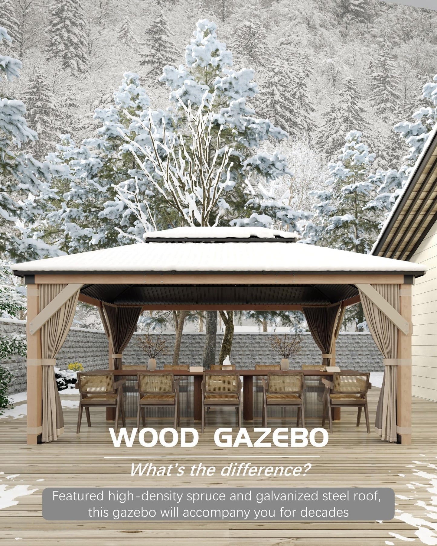 10x12 ft Hardtop Wood Gazebo for All Weather, Double Metal Roof, Heavy Duty Cedar Frame, Curtains & Netting, Permanent Outdoor Pavilion for Patio, Deck, Backyard, Lawn, Garden, Khaki