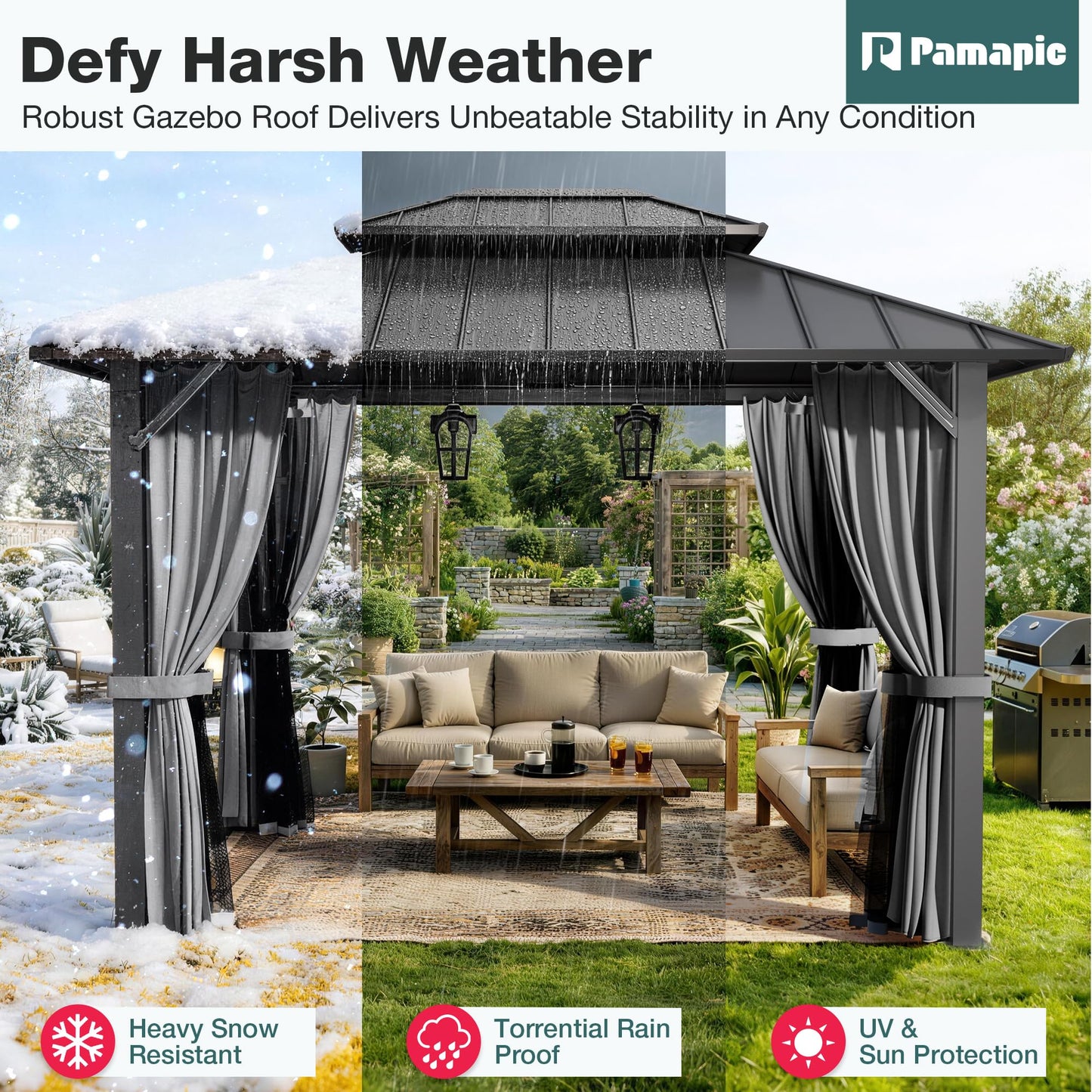 PAMAPIC 10x12FT Hardtop Gazebo,Galvanized Steel Double Roof with Aluminum Frame,Outdoor Permanent Pavilion with Breathable Netting & Privacy Curtain for Patio,Backyard,Deck,Lawn,Gray