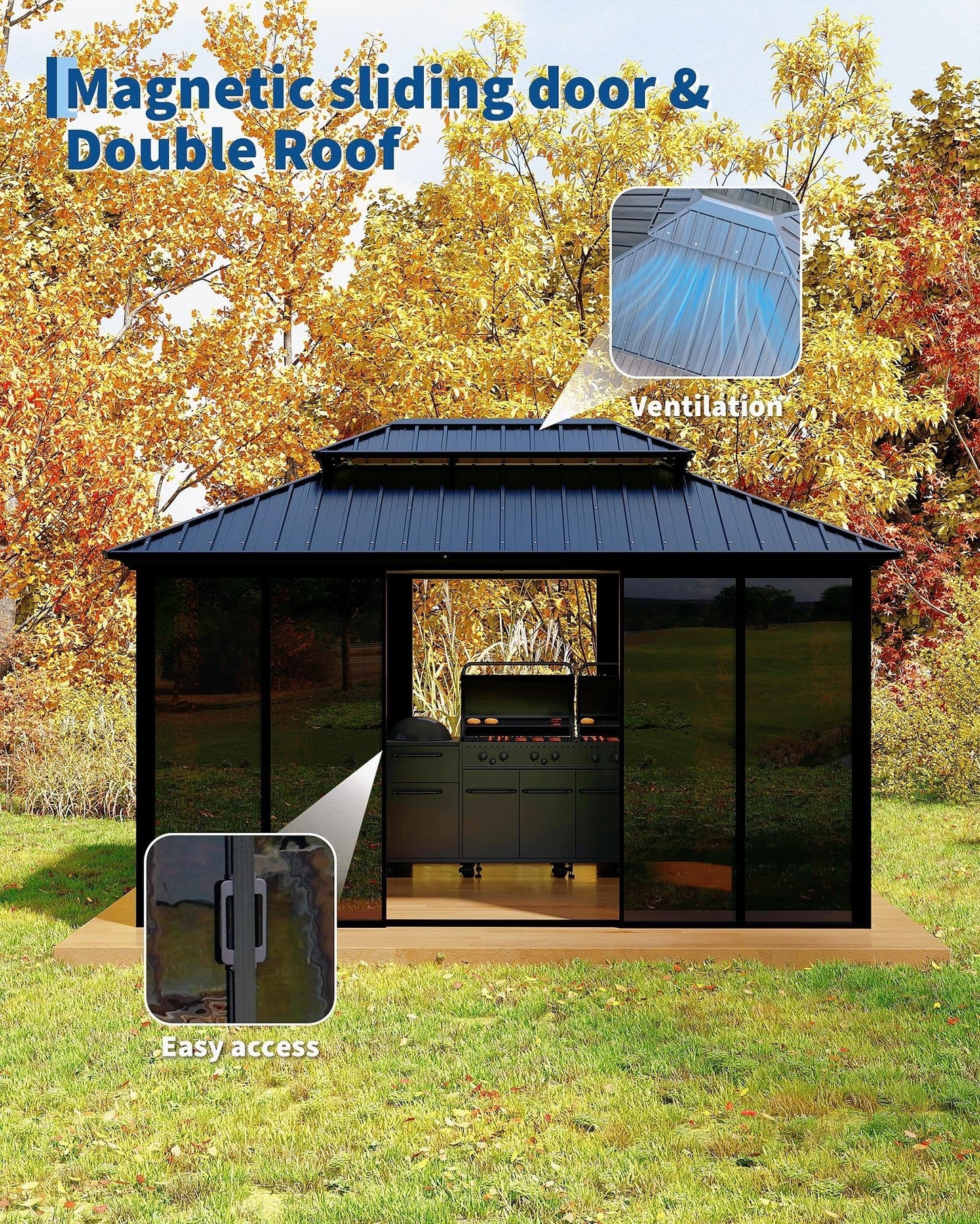 10x14ft Heavy Duty Outdoor Pavilion with Metal Frame, Permanent Solarium Sunroom Kit with PC Windows, Fully Sealed Screen Houses for Backyard, for Patio Winter Garden