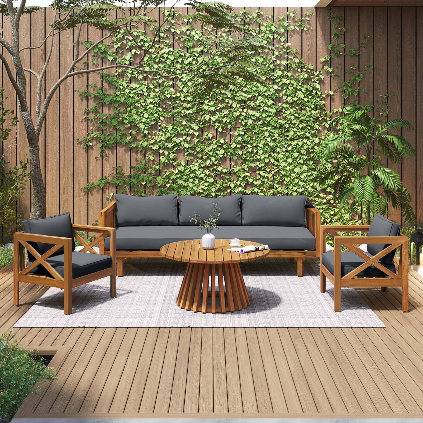 Merax Outdoor 4-Piece Acacia Wood Conversation Set - Patio 3-Seat Loveseat Sofa w/Coushion, 2 Armchair and Round Coffee Table for Backyard, Lawn, Balcony, Teak + Gray