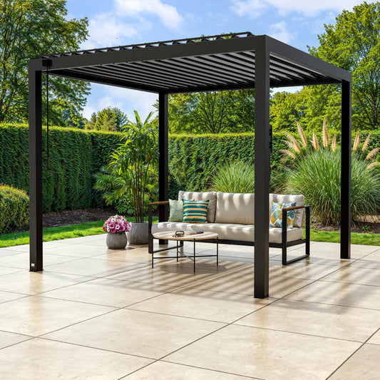 Backyard Discovery Sarasota 10' x 10' Galvanized Steel Louvered Pergola Kit with Adjustable Roof, Shade, Rain Protection, High-Wind Rating, Gutter System for Outdoor Patio, Garden, Deck, Entertaining